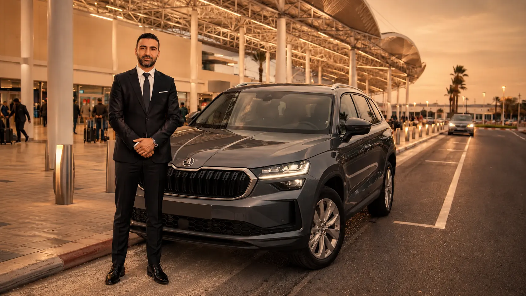AeroRoute driver and vehicle prepared for an airport pickup in Casablanca